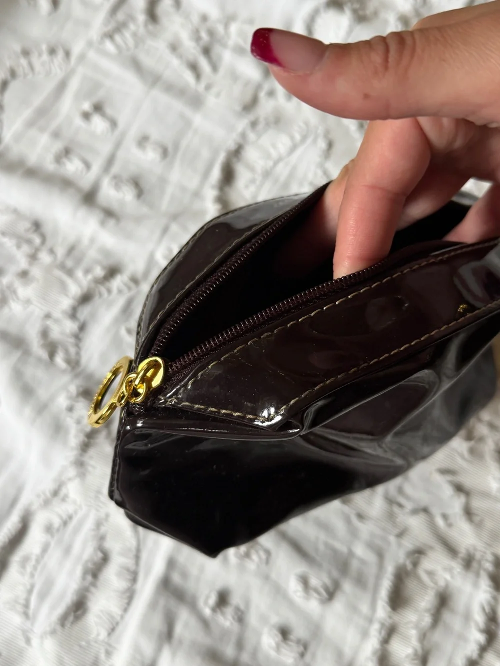 Estee Lauder Dark Brown Patent Cosmetic Bag with Gold Accent